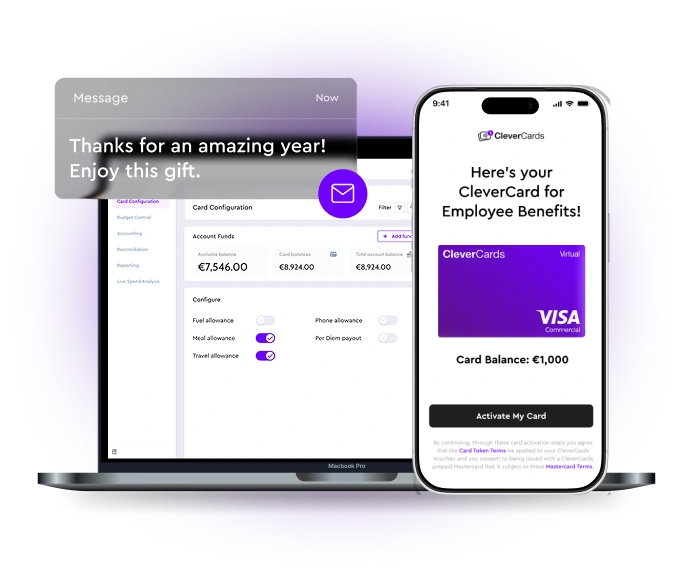 The CleverCards business portal and a digital CleverCard on a phone