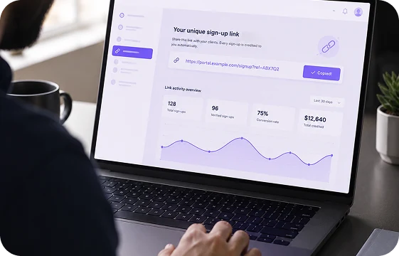 The partner dashboard showing a unique sign-up link alongside its sign-up and conversion activity